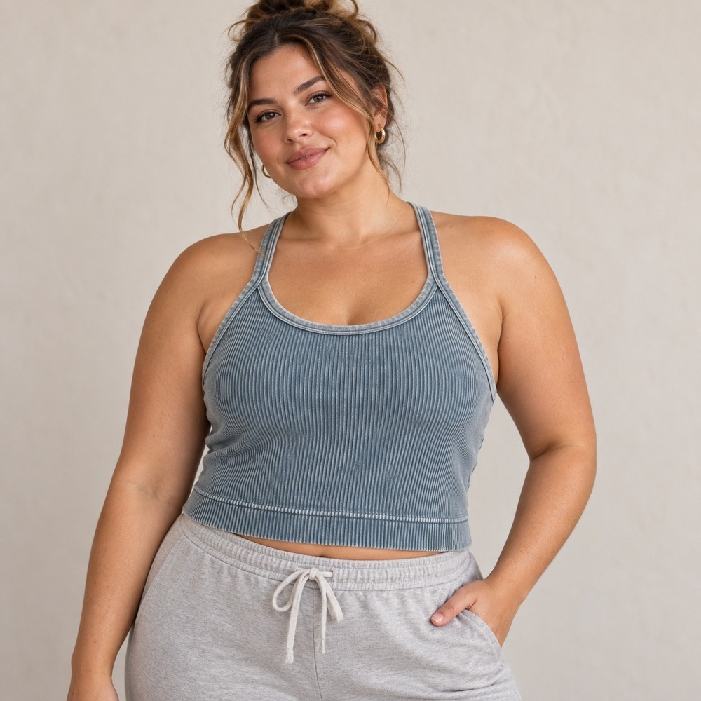 Zenana Mineral Wash Ribbed Racerback Crop Tank Top 1X/2X Blue Athleisure NEW